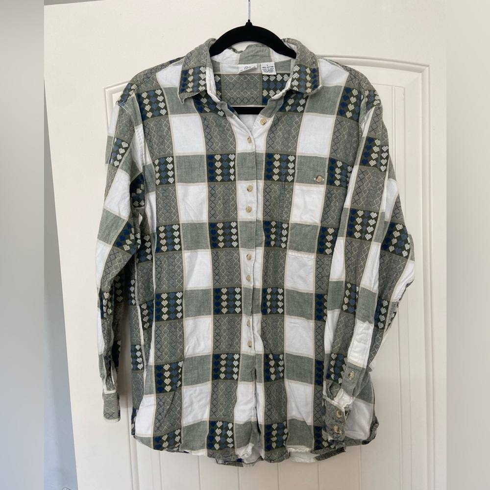 Green and White Checkered Button-Up Shirt